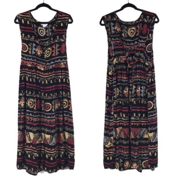 Vintage 90’s Black Aztec Tribal Print Babydoll Maxi D… - Picture 1 of 7